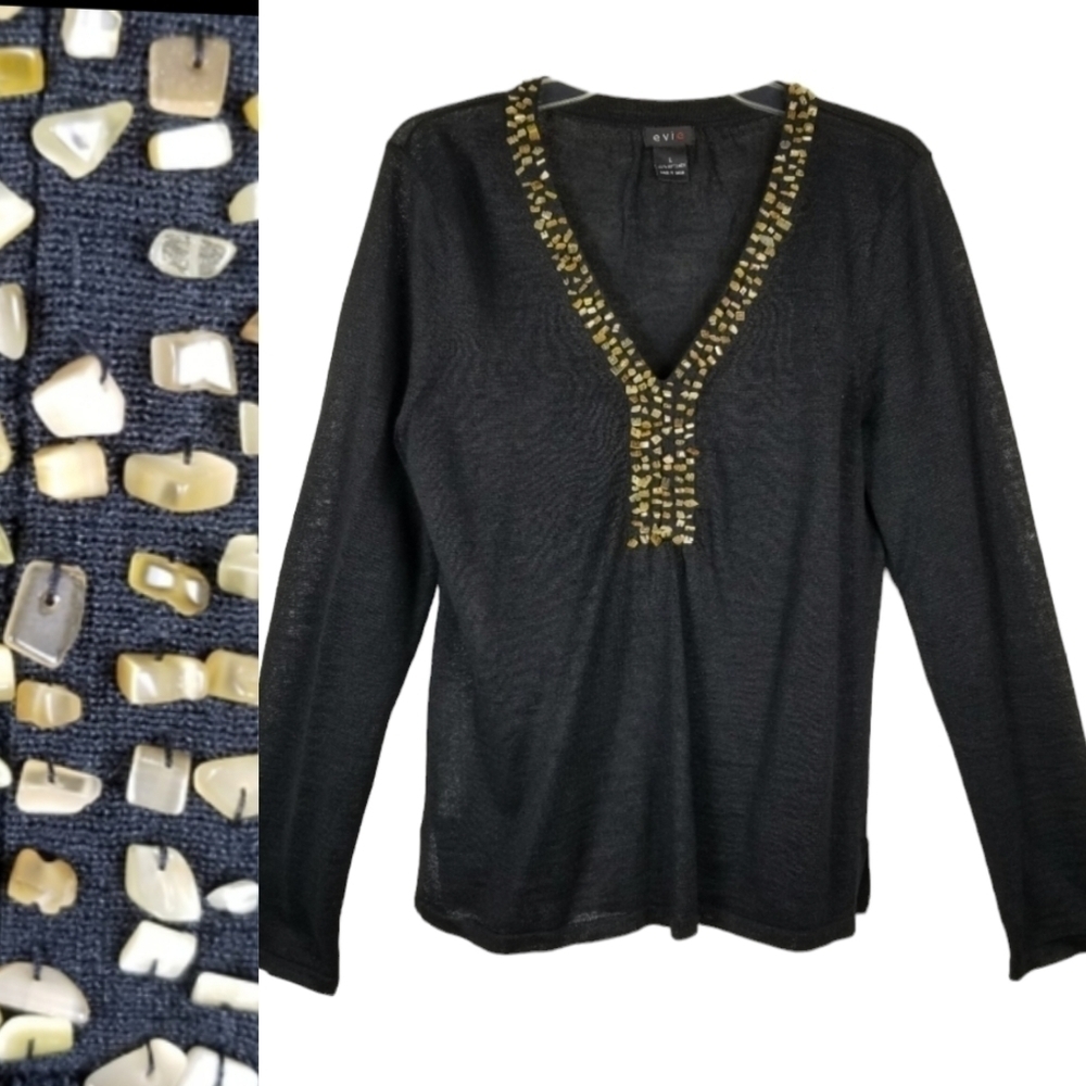 Evie Womens Soft Linen Long Sleeve V Neck Top Size L Black Embellished Neckline